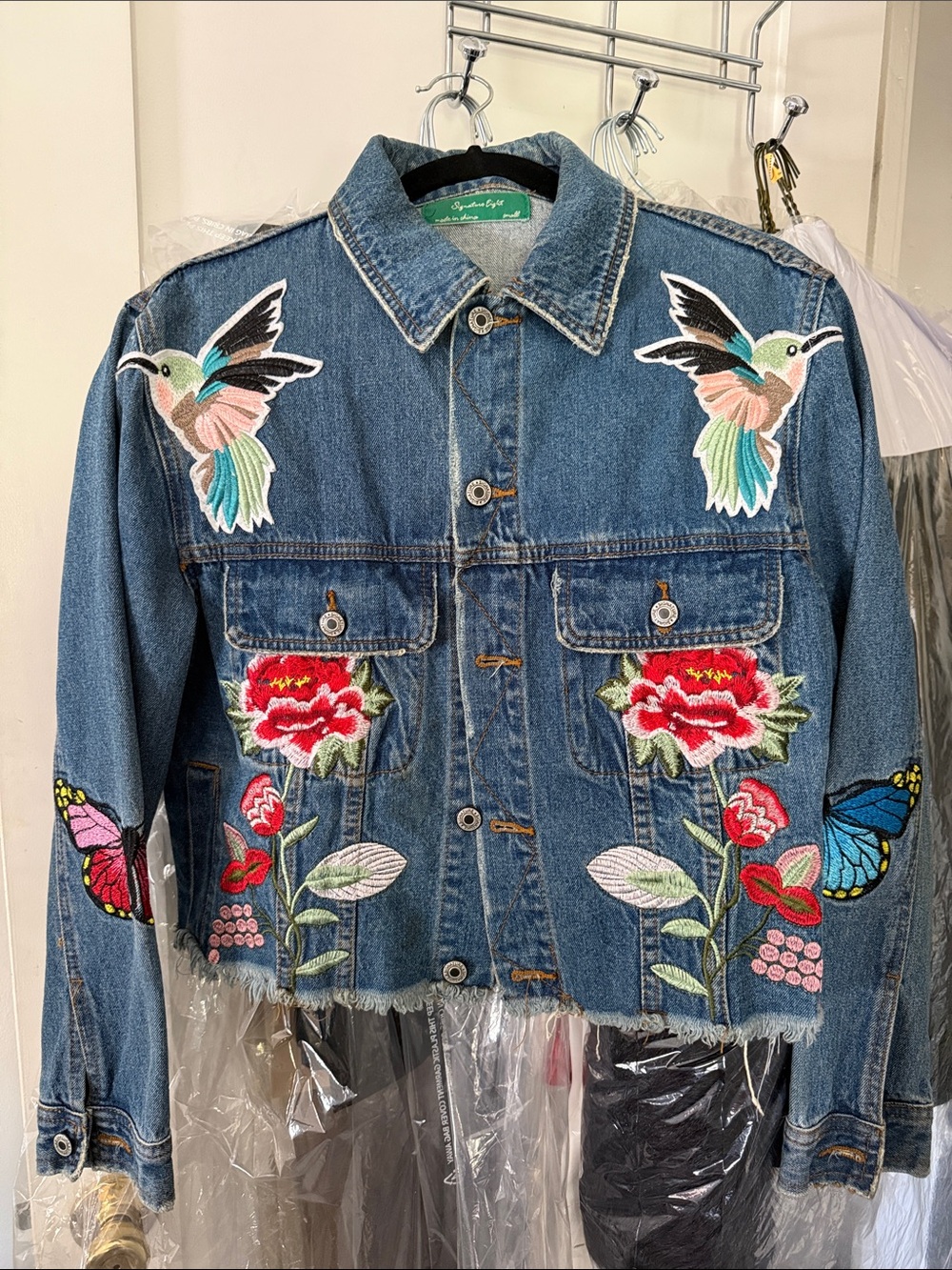 Embroidered Floral & Hummingbird Denim Jacket - Blue